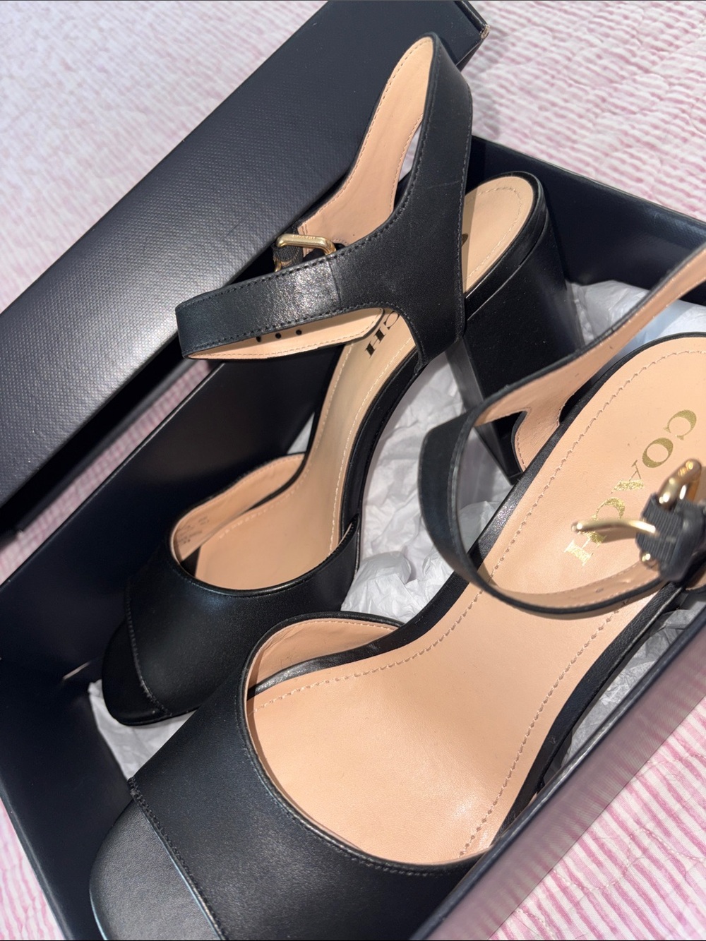 Coach Black Leather Block Heel Sandals with Ankle Strap